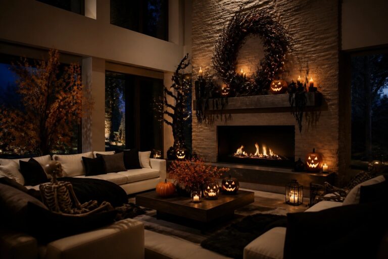 Living room with a carved jack o lantern on the coffee table, smaller pumpkins nearby, and more pumpkins arranged on built-in shelves beside a lit fireplace.