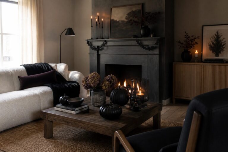 A living room with a white sofa, wooden coffee table holding lit black candles and small black pumpkins, and a dark fireplace mantel with a candelabra and dried flowers.