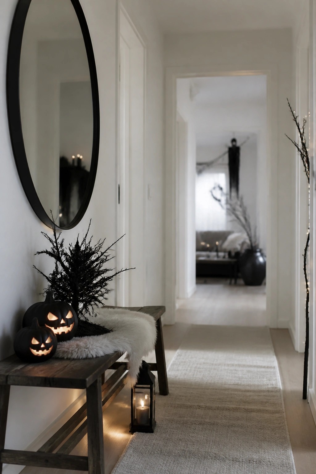 Entryway bench styled with two carved jack o lanterns, black branches, a white fur throw, and a lantern on the floor beneath a round mirror.
