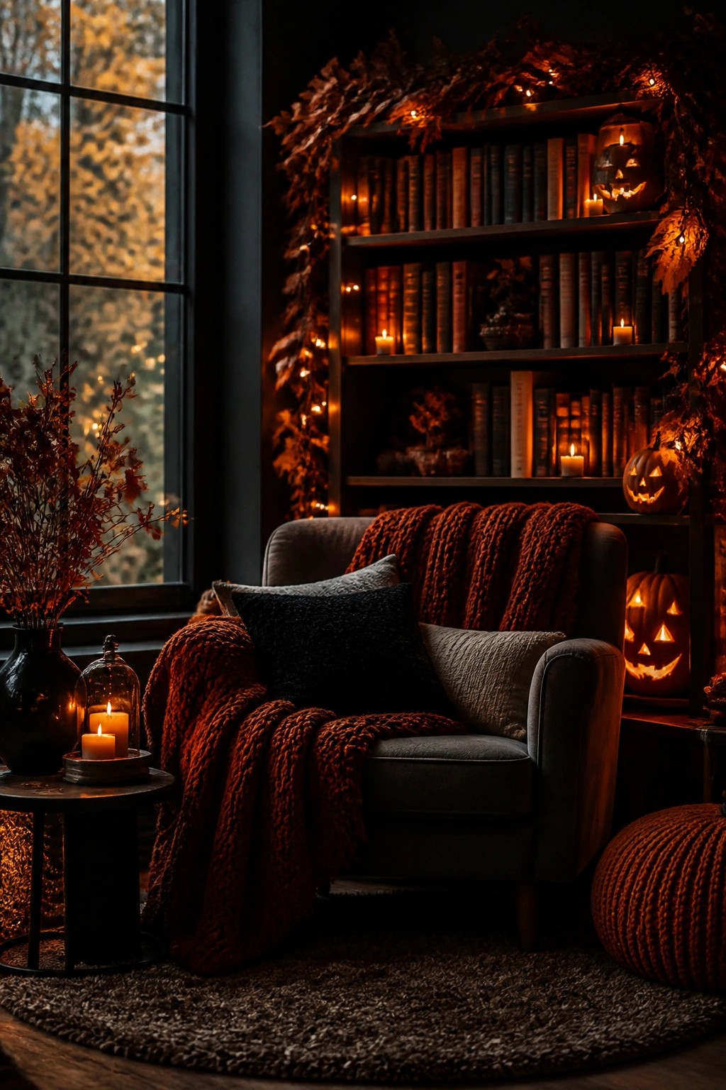 Living room corner with a gray armchair, orange knit blankets, and bookshelves decorated with several glowing carved jack-o'-lanterns and candles.