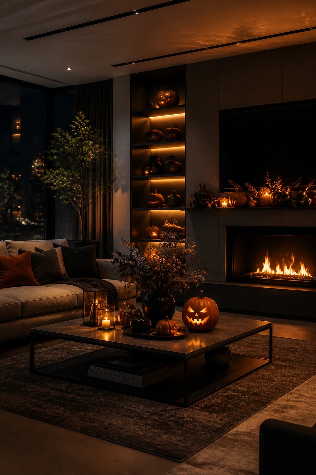 Living room with a carved jack o lantern on the coffee table, smaller pumpkins nearby, and more pumpkins arranged on built-in shelves beside a lit fireplace.