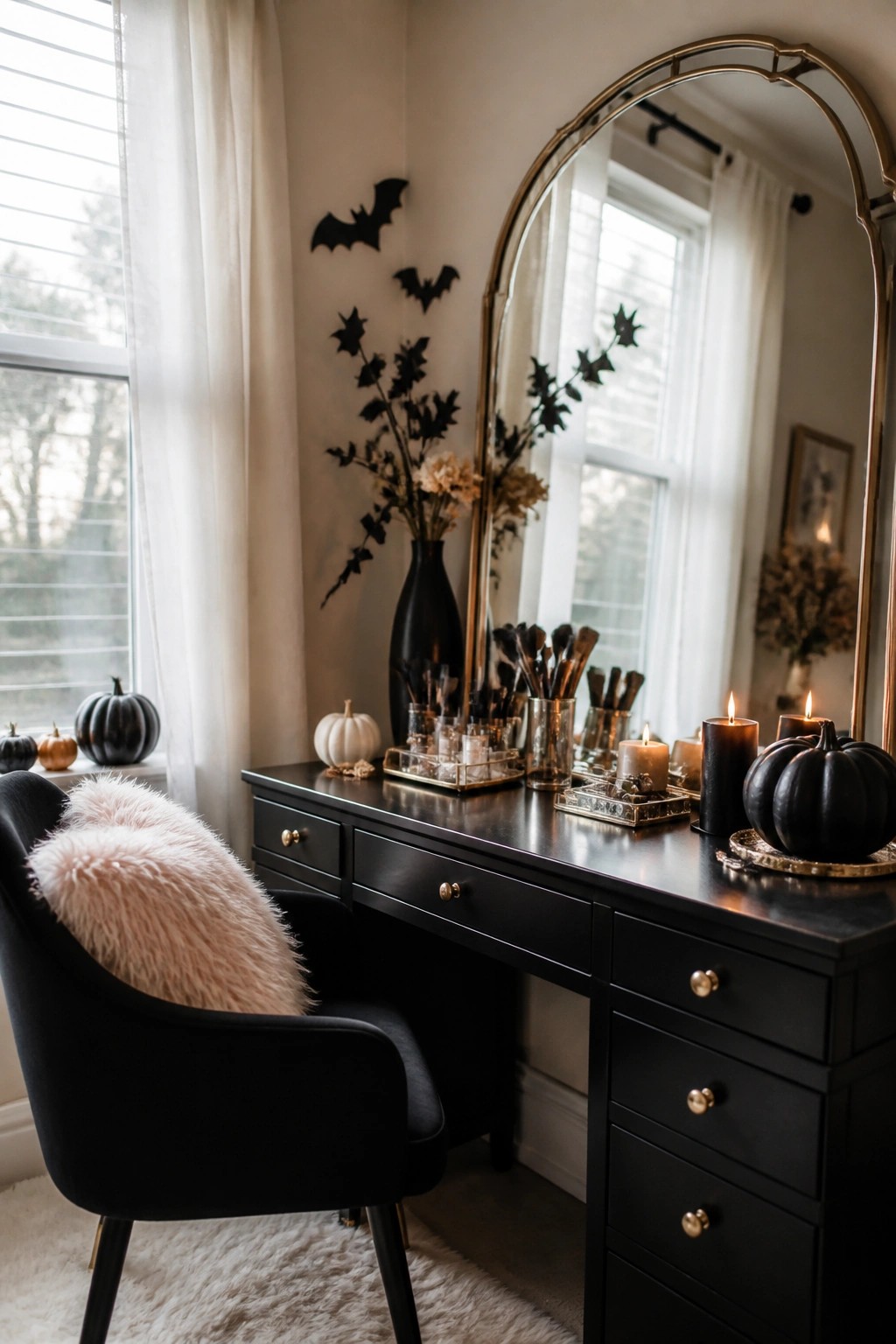 Black vanity desk with arched gold mirror, lit candles, black pumpkins, and fluffy chair
