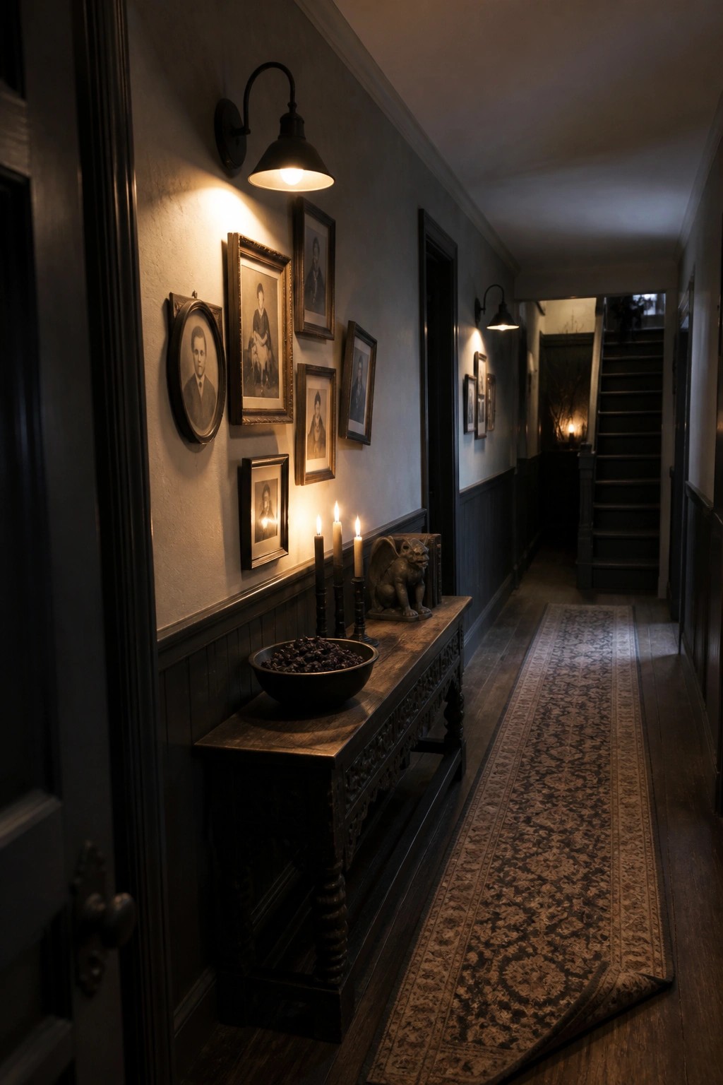 A dimly lit interior hallway with dark wainscoting shows multiple vintage framed portraits above a wooden console table holding lit candles and a bowl, with a patterned runner rug leading toward a staircase.