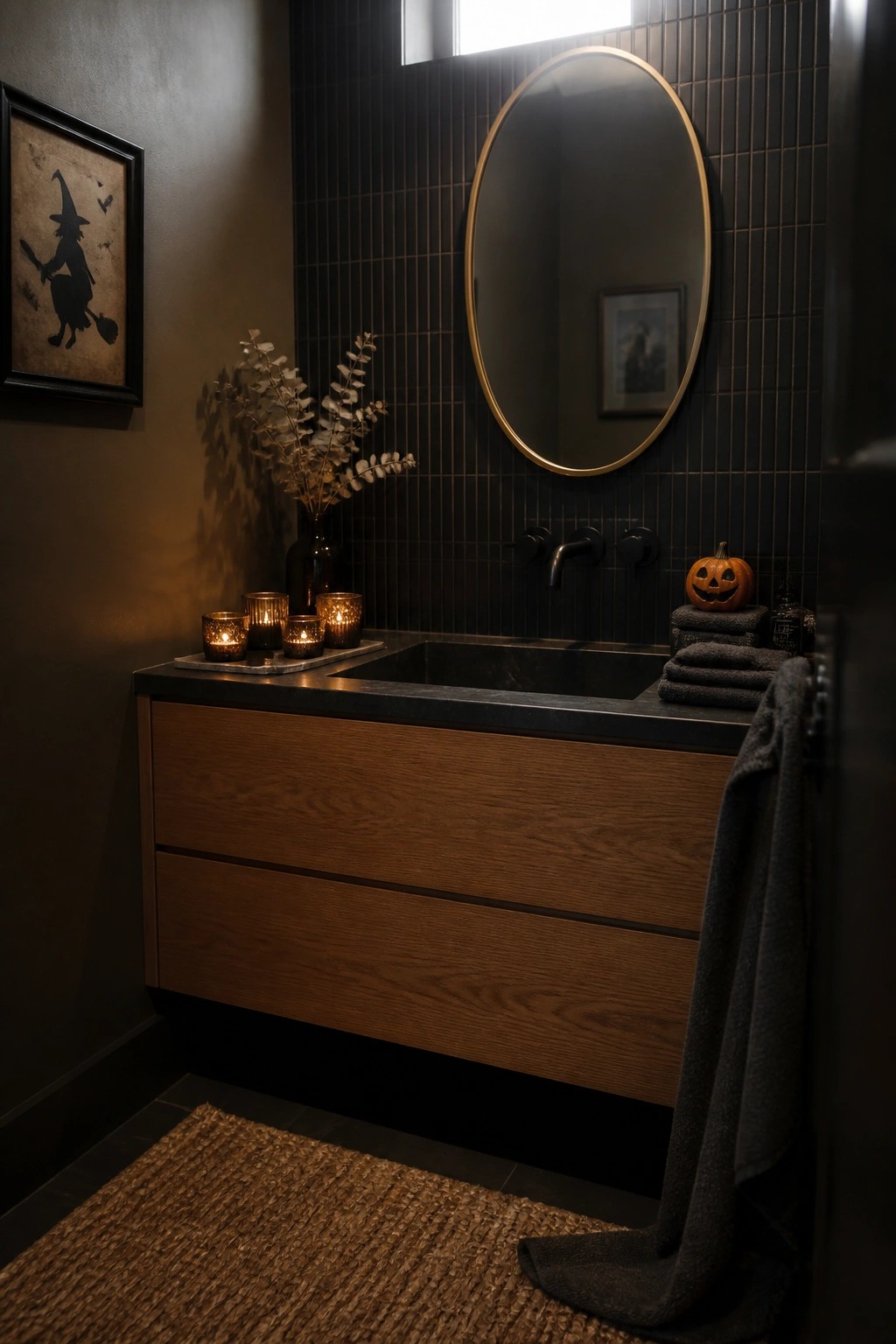Dark bathroom with wooden vanity, gold mirror, lit candles, pumpkin, and witch art