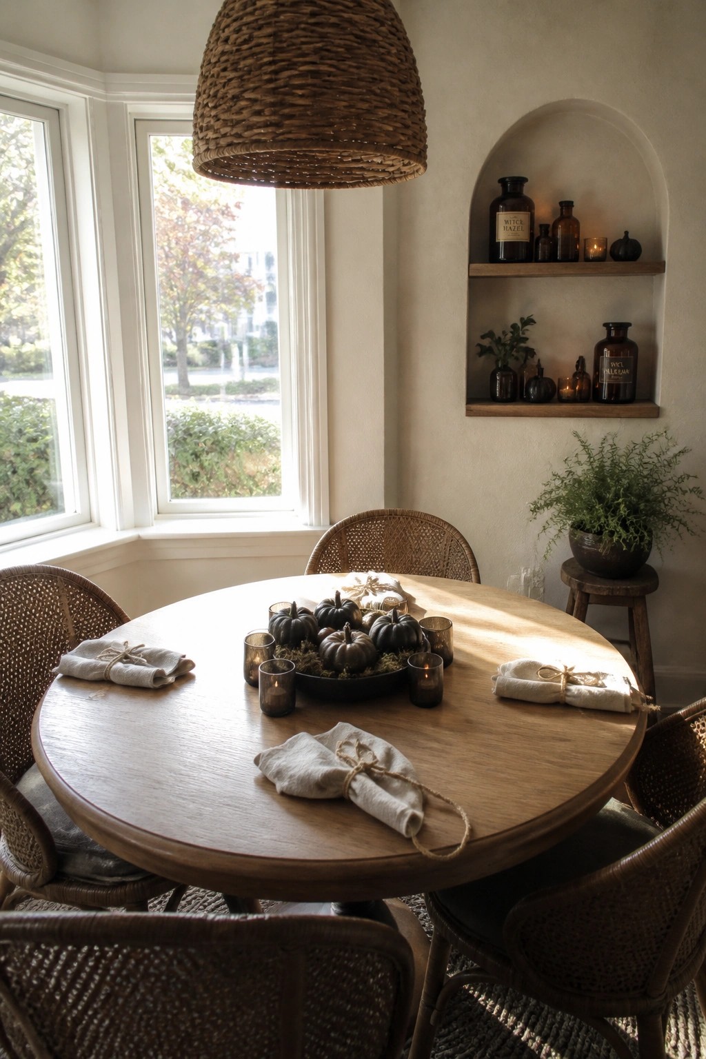 A round wooden dining table holds a black bowl filled with small dark pumpkins and moss, surrounded by woven chairs, folded napkins, and votive candles in a bright room with windows and a wall shelf.