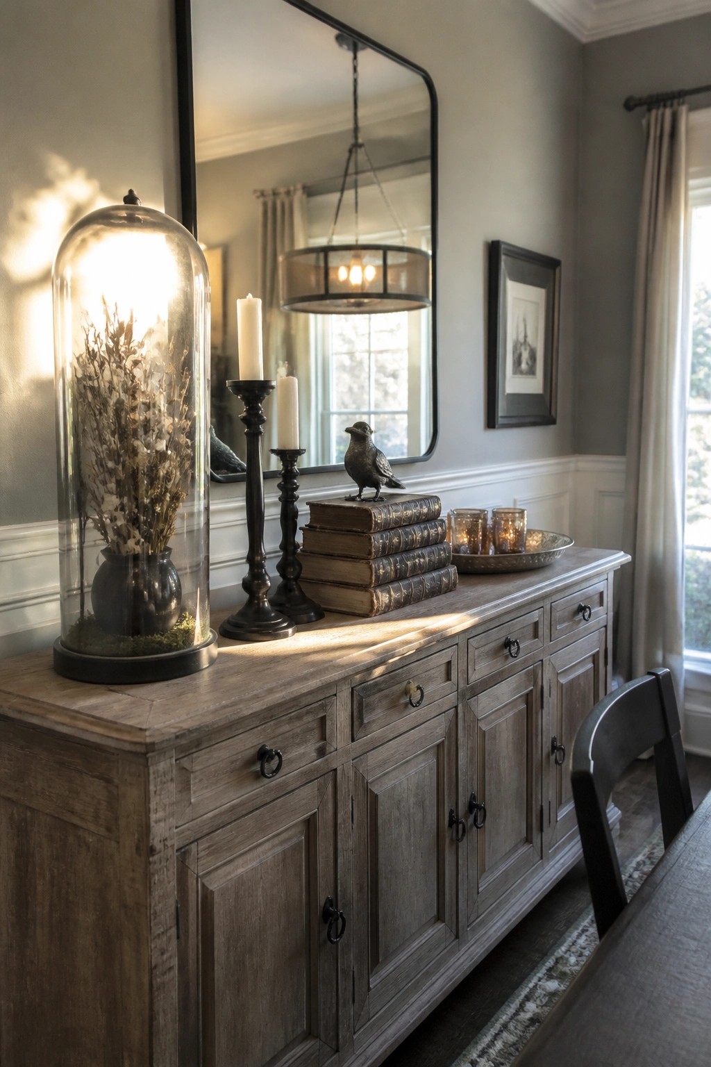 A wooden console table in a gray room holds stacked old books topped with a metal bird statue, flanked by black candlesticks and a glass cloche with dried plants, all under a large black-framed mirror.