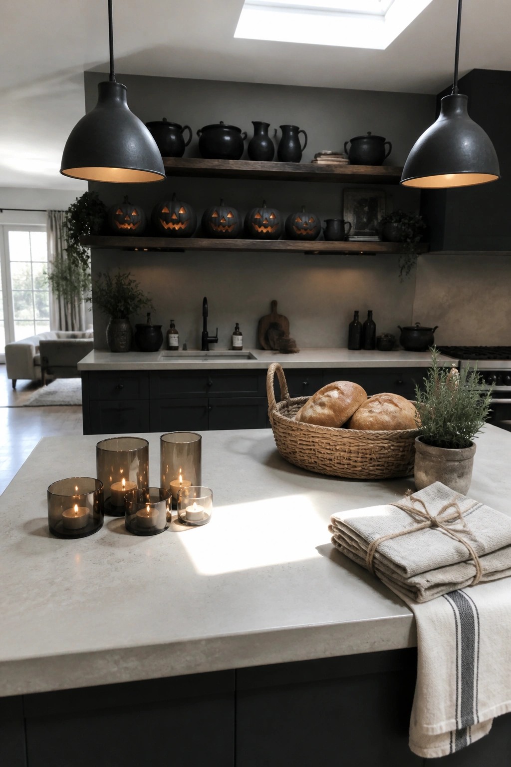 A kitchen interior shows several carved jack-o'-lanterns arranged in a row on a dark wooden shelf above a countertop.