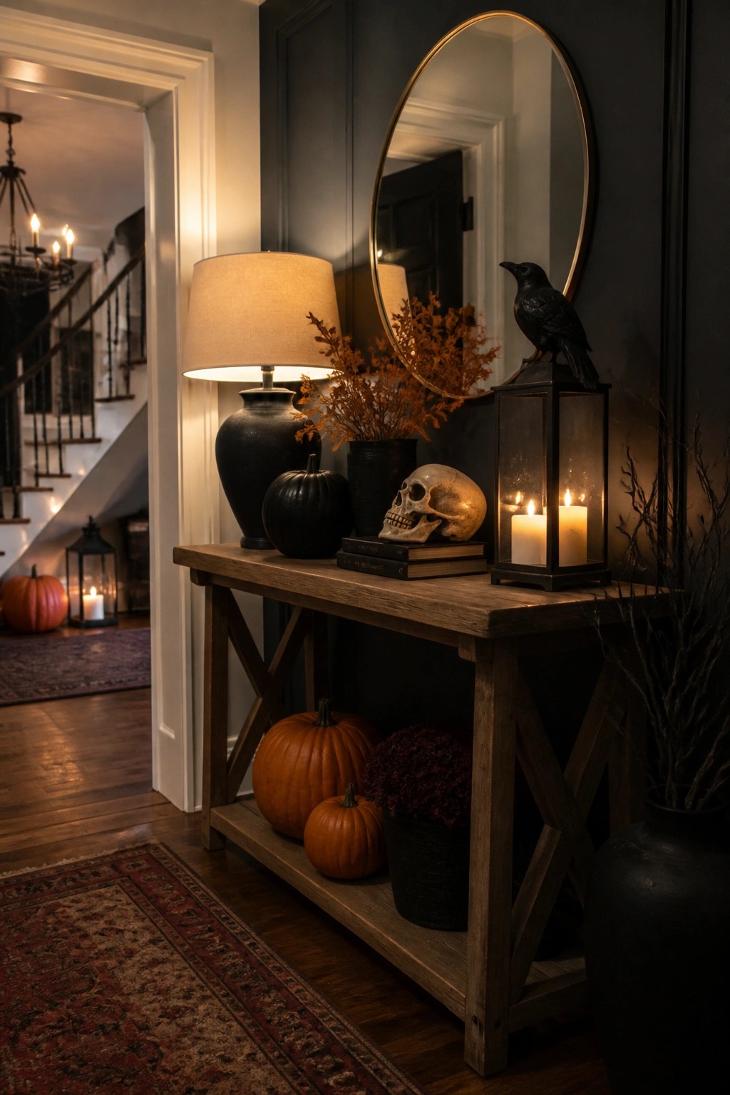 Entryway console table styled with a human skull on books, a black crow on a lantern, black and orange pumpkins, and dried foliage.