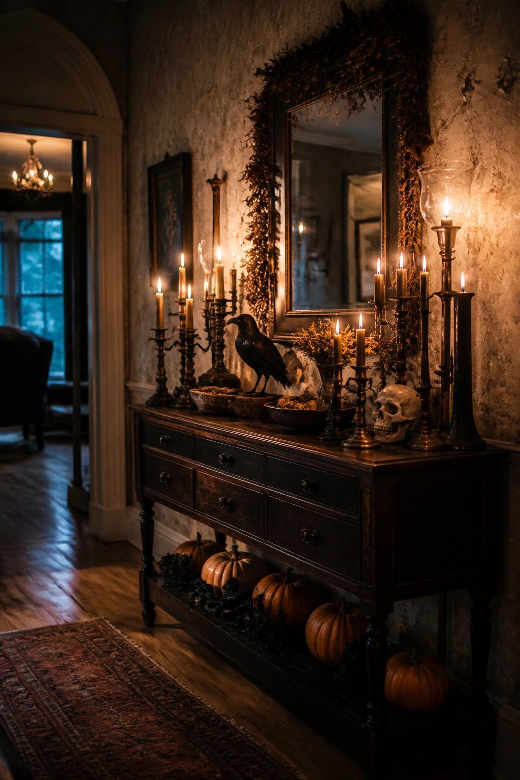Dark wooden console table arranged with multiple brass candlesticks, a skull, a black crow figure, and pumpkins placed along the base.