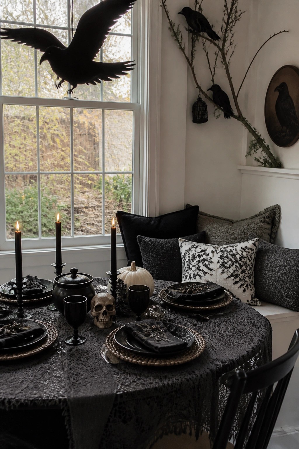 Round dining table set with black lace cloth, black plates, skull, white pumpkin, black candles, and crow figures on branches.