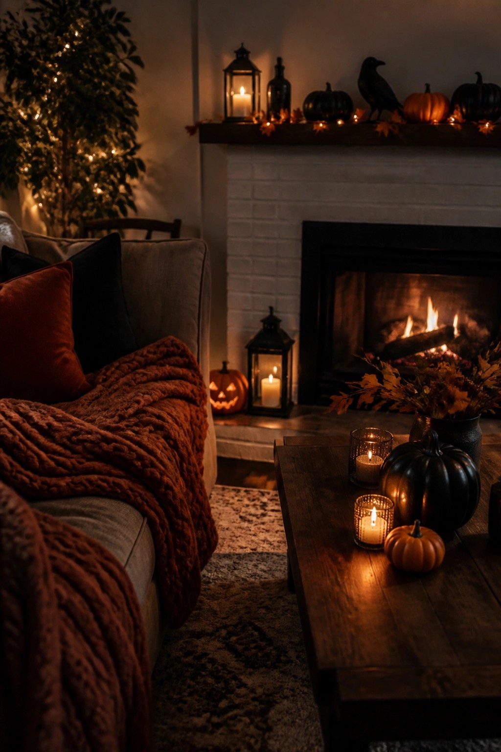 Living room mantel styled with black and orange pumpkins, a black crow, lanterns, and string lights above a fireplace.