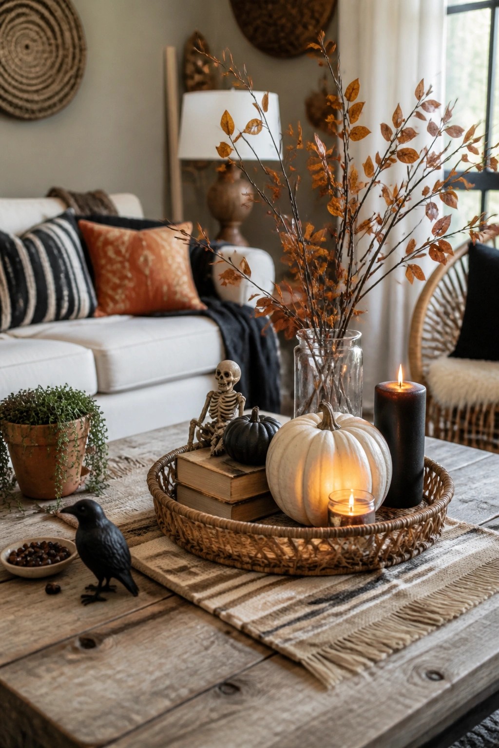 Coffee table tray holding a small skeleton figure, white and black pumpkins, books, and lit candles in a living room.