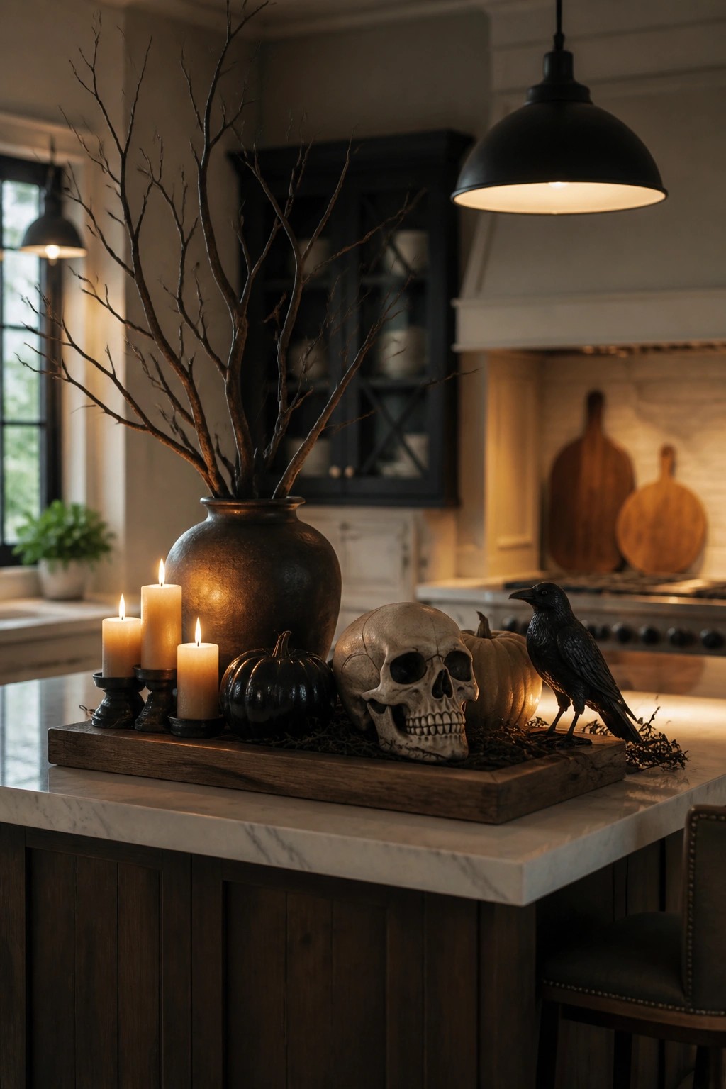 A wooden tray on a kitchen island displays a skull, black crow, black pumpkin, candles, and a large vase filled with bare branches.