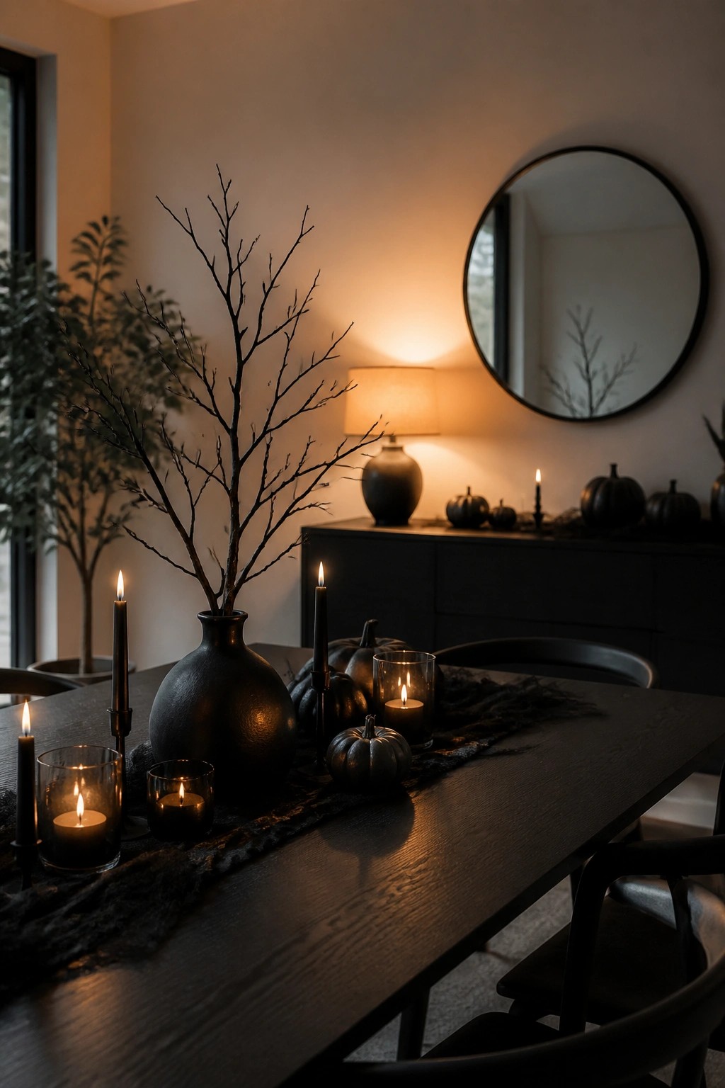 Dark wooden dining table with a large black vase holding bare branches, surrounded by black pumpkins, black candles, and glass votives on a dark runner.
