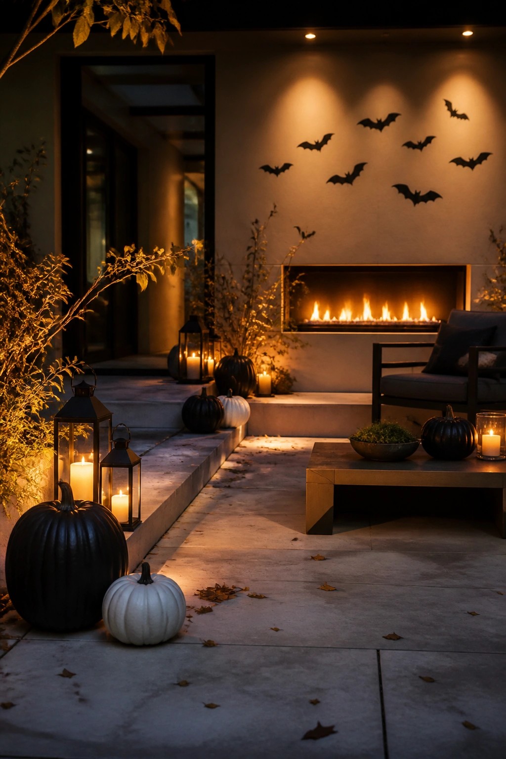 Outdoor patio with black bat silhouettes arranged on the wall above a modern fireplace, surrounded by black and white pumpkins and lanterns.