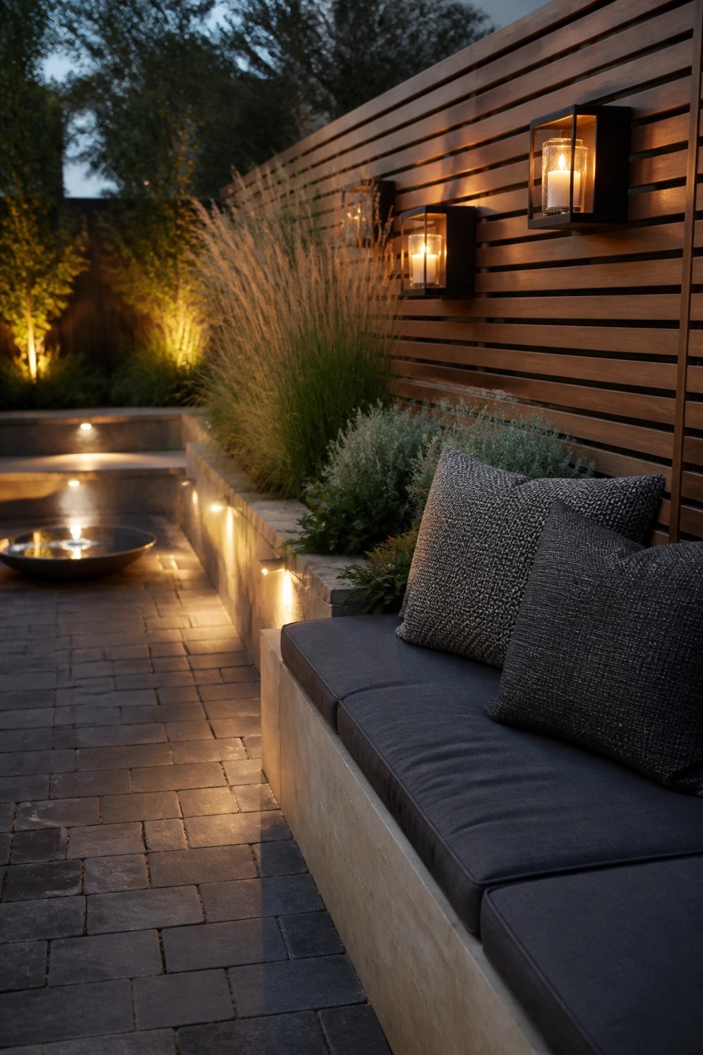 An outdoor patio features a long built-in bench with dark cushions against a wooden slat wall, several black wall lanterns holding lit candles, and low plants along the edge.