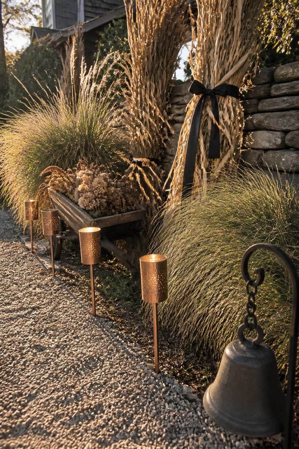 Gravel path with glowing copper lanterns, dried grass bundles, wheelbarrow, and metal bell