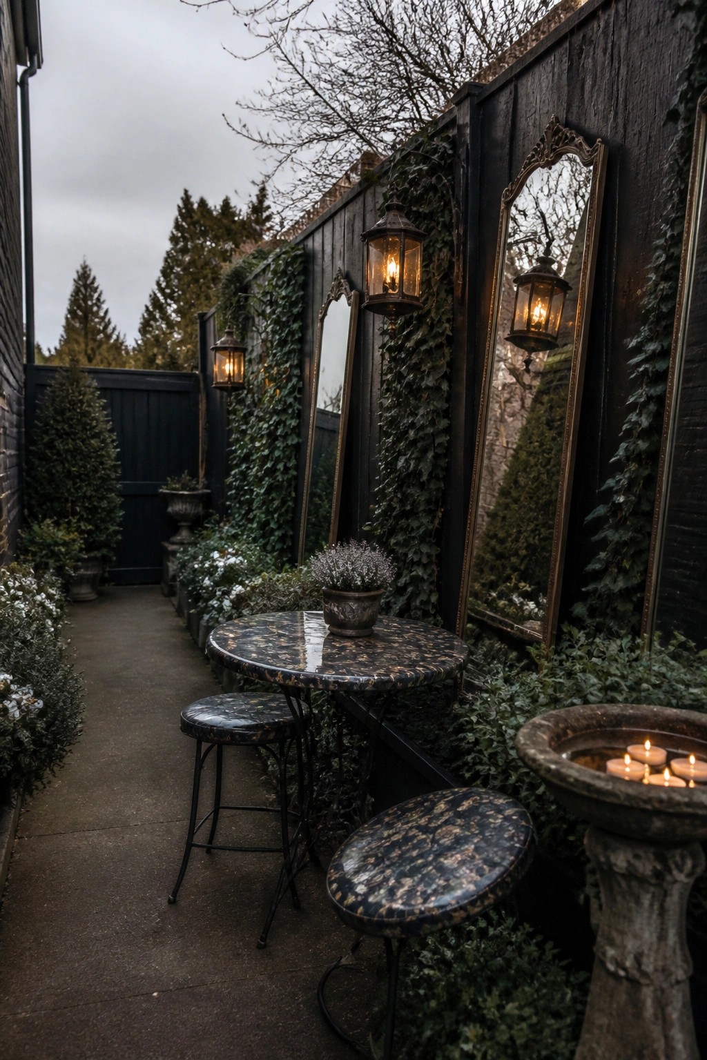 A narrow outdoor patio area with a round table and stools in front of tall ornate mirrors mounted on a dark wooden wall with ivy, illuminated by hanging lanterns and a stone basin with candles.