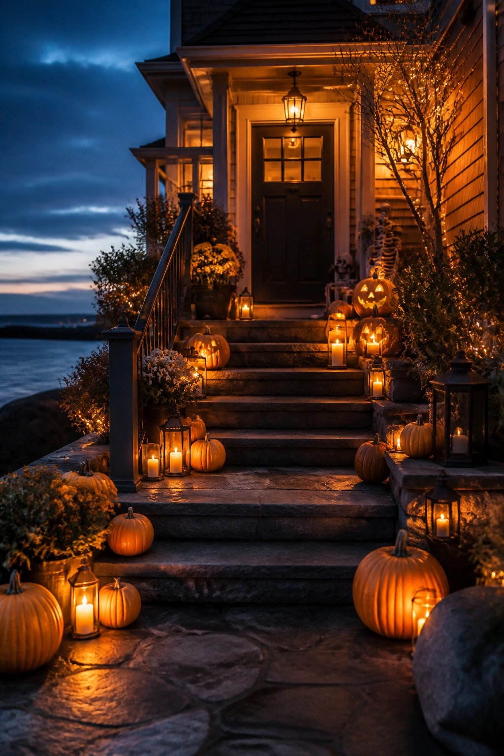 Front porch steps lined with carved jack o lanterns and lanterns, with skeletons near the door at the top.
