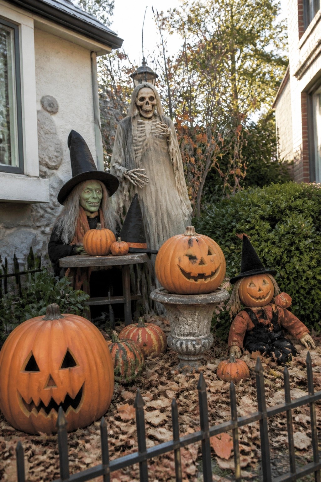 Outdoor yard display featuring a tall skeleton figure, two witch decorations, and multiple carved jack-o'-lanterns arranged on the ground and a small table.