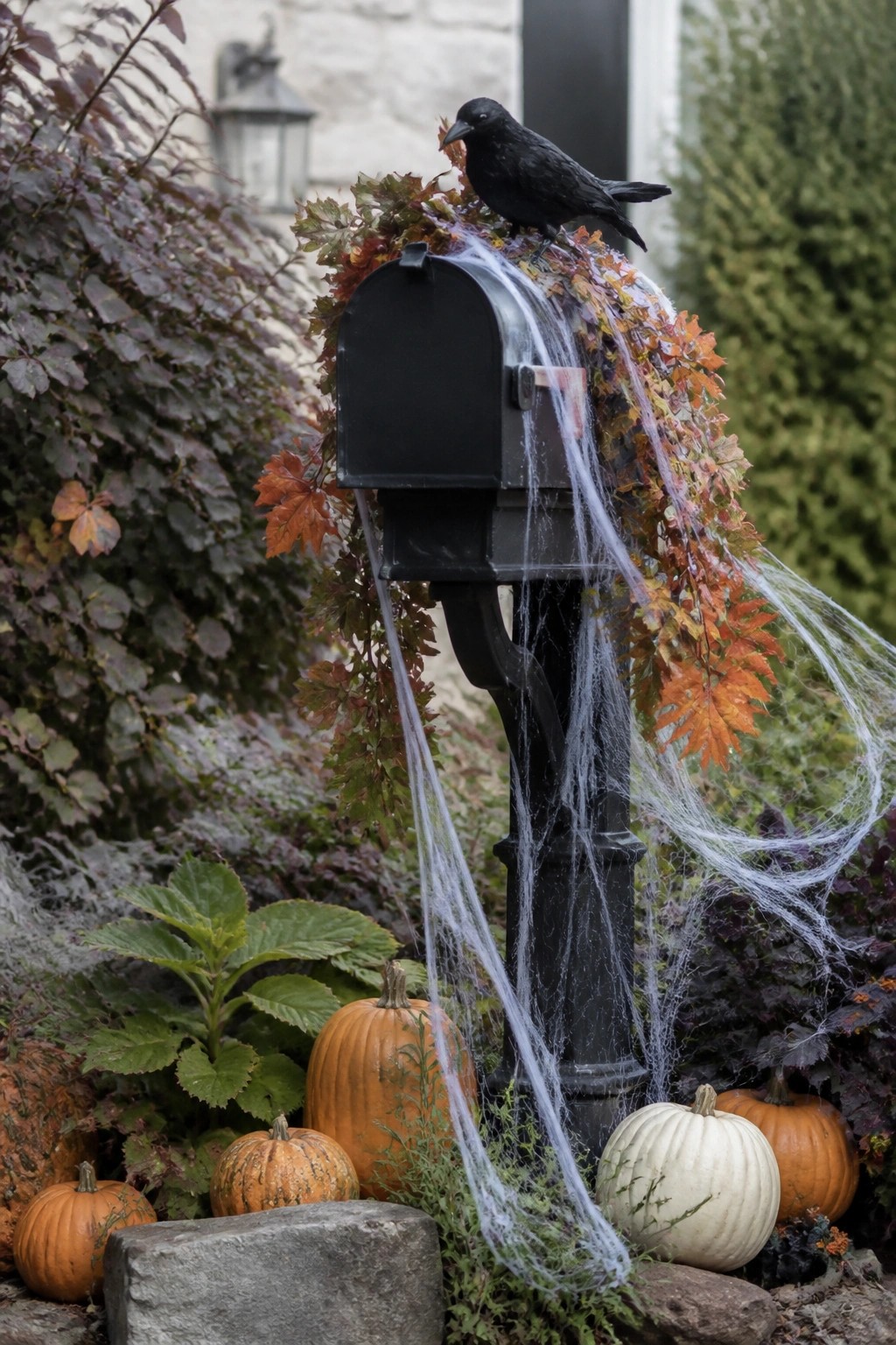 Black mailbox decorated with fake spiderwebs, autumn leaves, and a black crow on top, with pumpkins clustered at the base.
