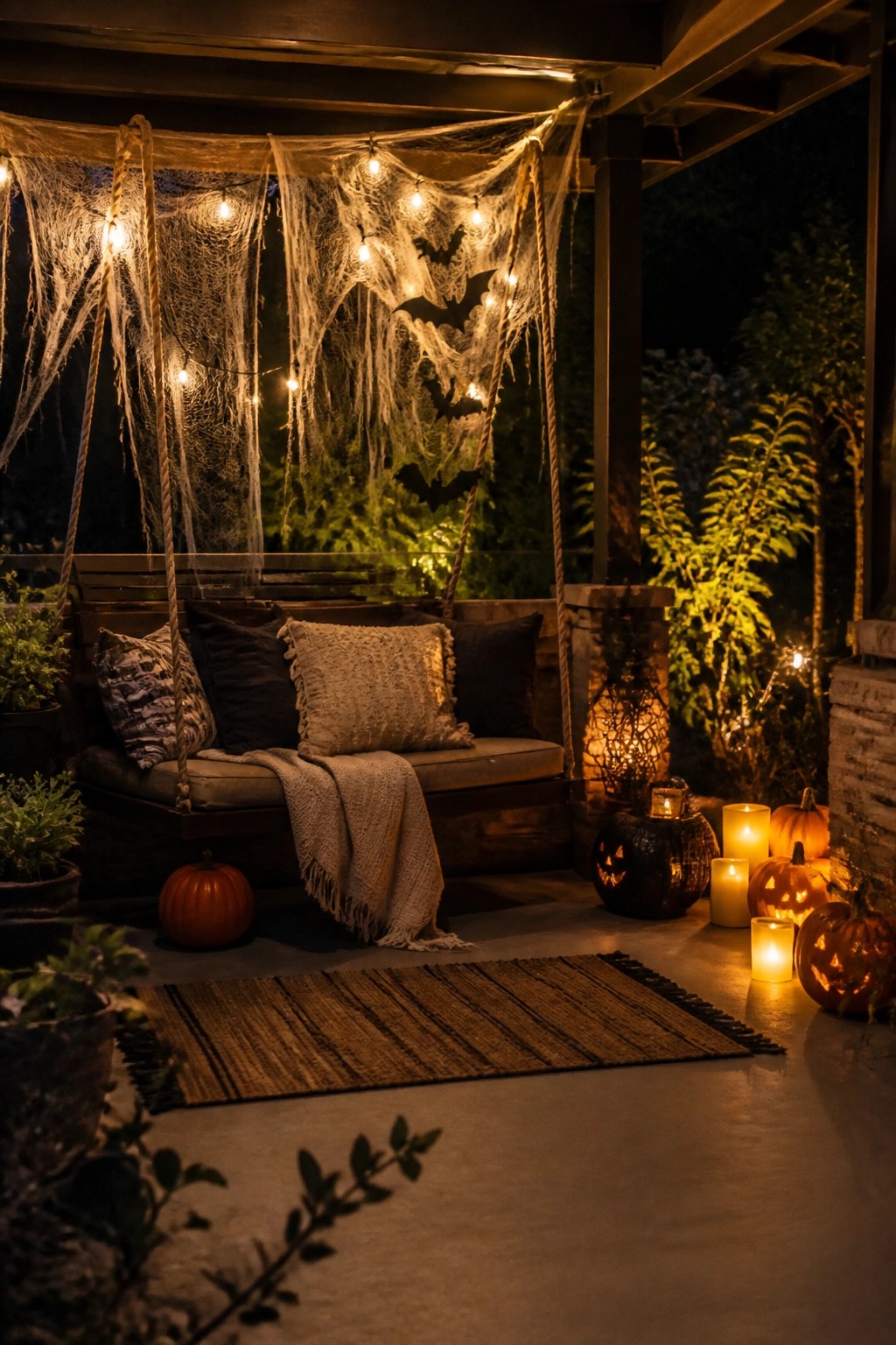 Covered outdoor porch at night with white spiderweb decorations, black bat cutouts, string lights, and carved pumpkins around a wooden swing.