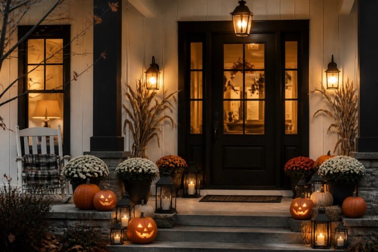 Front porch at night with two seated skeletons flanking a dark door, surrounded by carved jack-o'-lanterns, lanterns, and mums.
