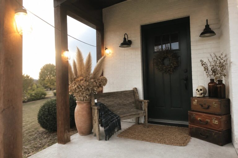 Front porch of a white brick house with a dark green door, stacked vintage suitcases holding a skull, string lights, and a wooden bench with dried plants.