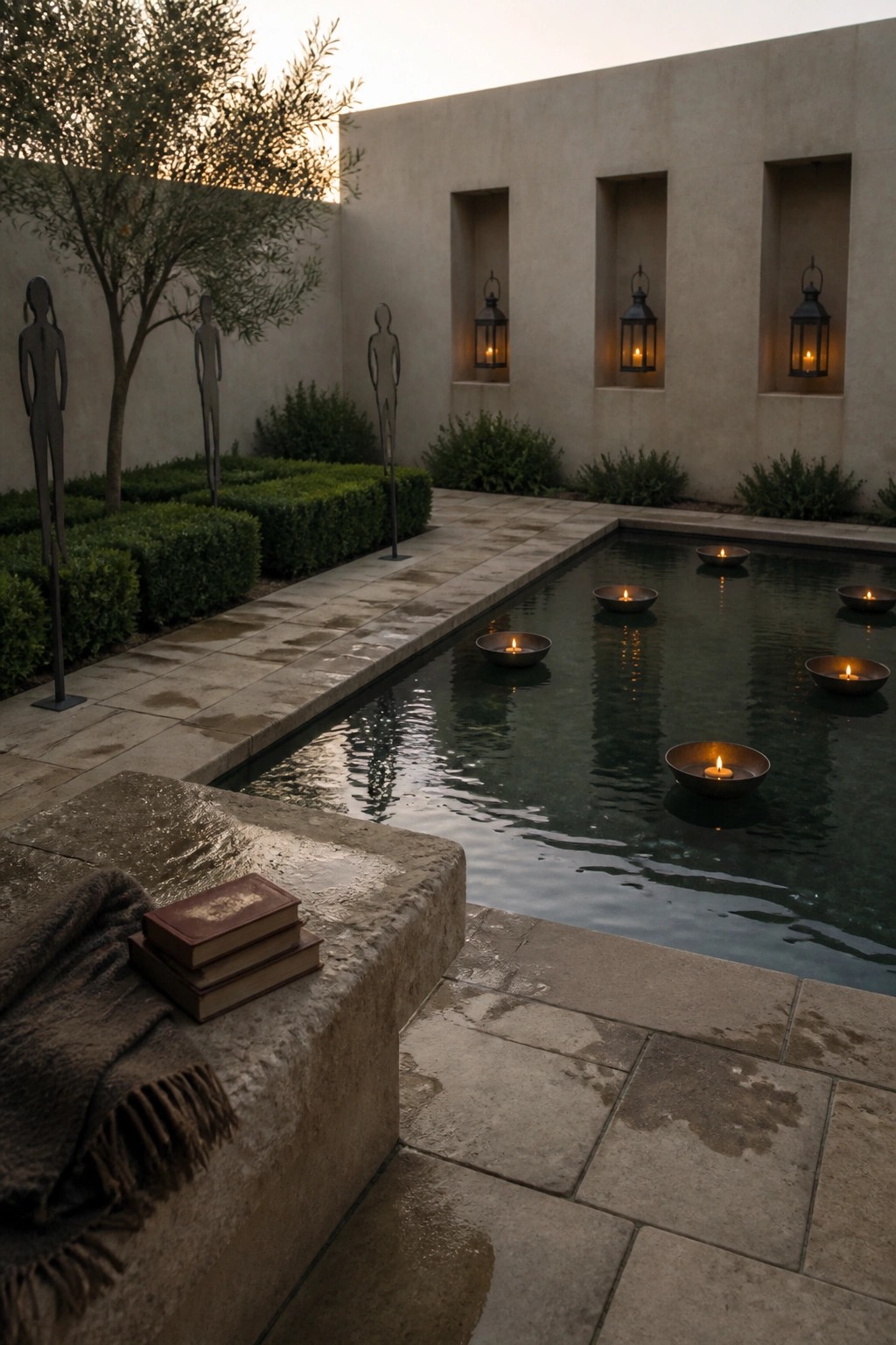 A rectangular pool at dusk with several floating candle bowls on the water and three black lanterns set into recessed wall niches.