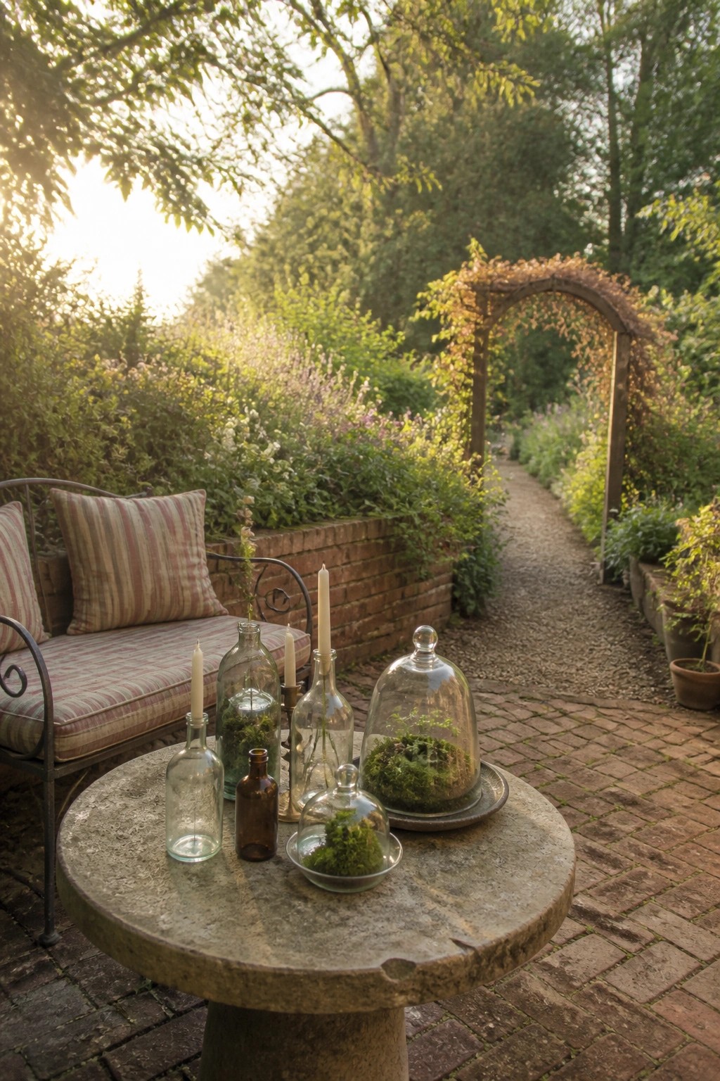 Stone table in a garden holding several glass cloches with moss inside, surrounded by old bottles with lit candles, next to a brick path and vine-covered arch.