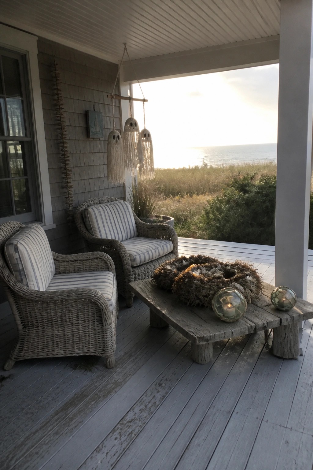 A gray wooden porch with two striped wicker chairs, a low table holding a dried wreath and glass lanterns, and three hanging macrame ghost decorations facing the ocean at sunset.