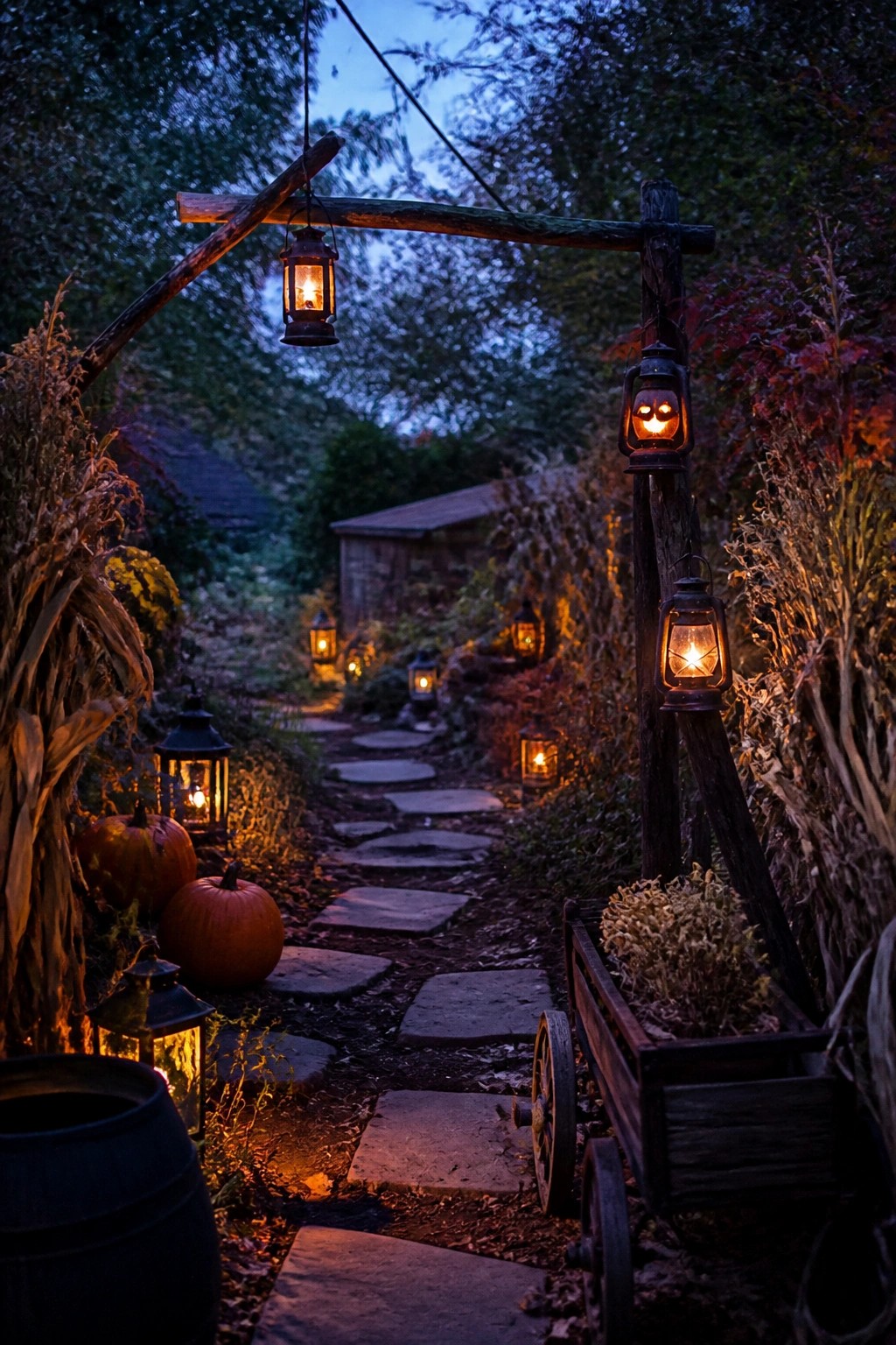 Stone path lined with glowing lanterns that have jack o lantern faces, plus pumpkins on the ground at dusk.