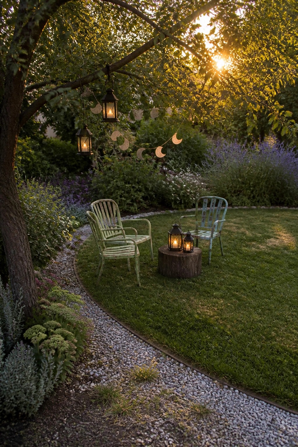 Two painted metal chairs sit on grass beside a gravel path, with lit lanterns hanging from a tree branch and resting on a tree stump between the chairs.