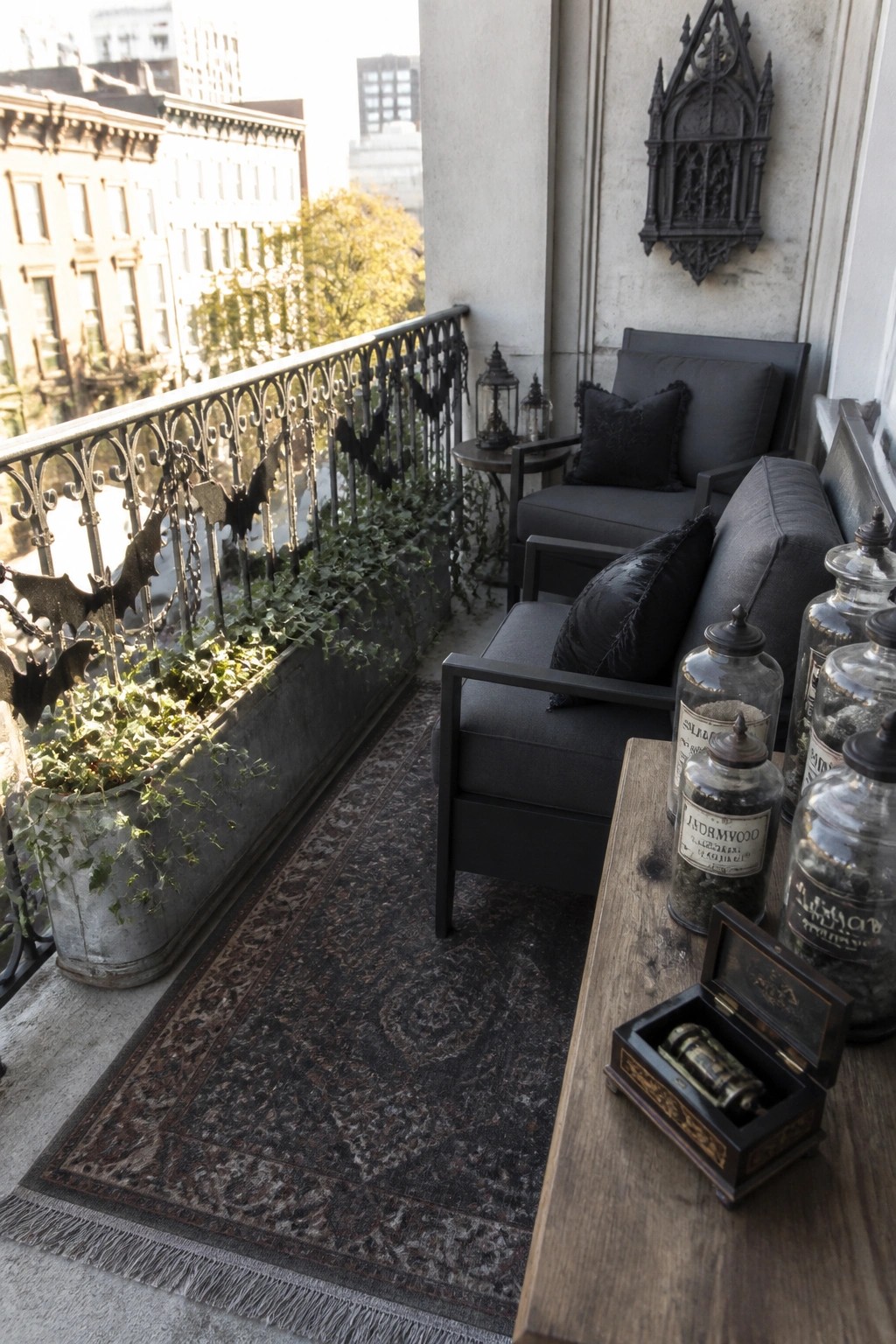 A furnished balcony with dark seating, a patterned rug, potted plants, and black bat-shaped decorations attached to the railing.