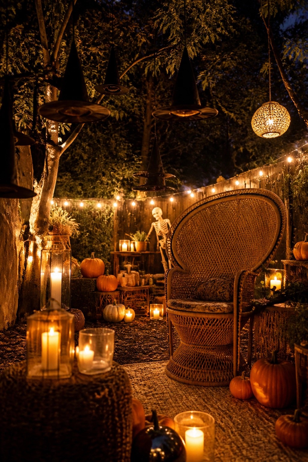 Outdoor patio at night decorated with multiple black witch hats hanging from tree branches, a skeleton figure, string lights, pumpkins, and candles around a wicker chair.