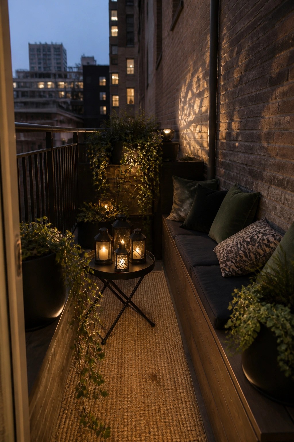 A narrow city balcony at dusk with a wooden bench, dark cushions, several black lanterns with lit candles on a small round table, and potted plants along a brick wall.