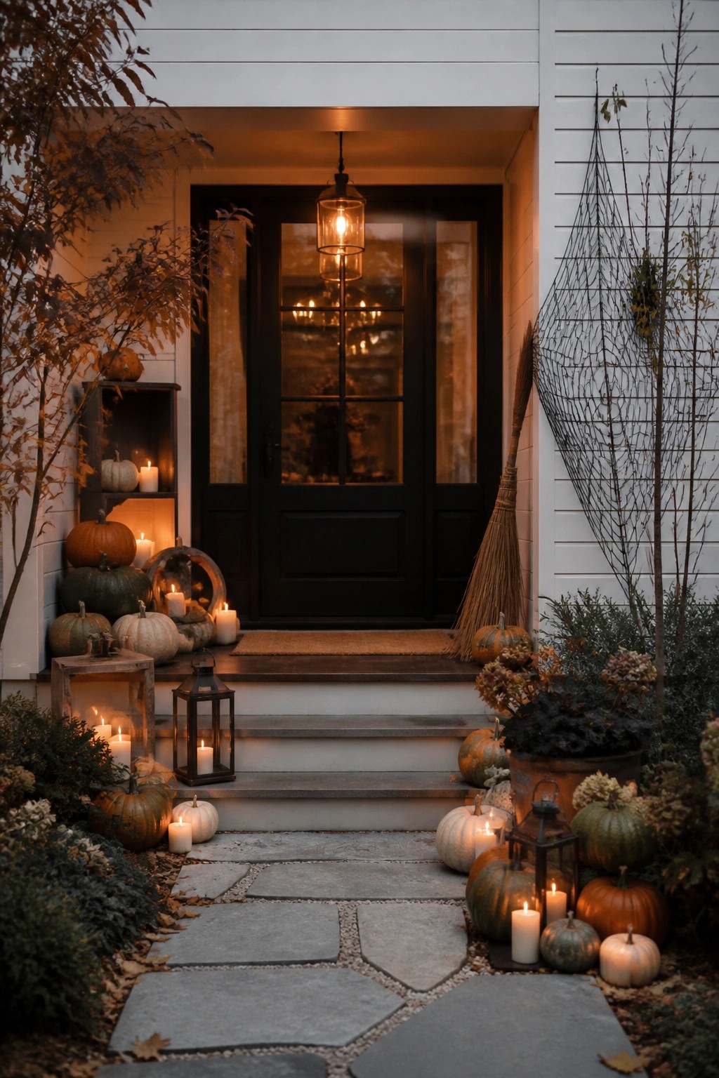 Autumn porch with pumpkins, lit lanterns, candles, and stone pathway