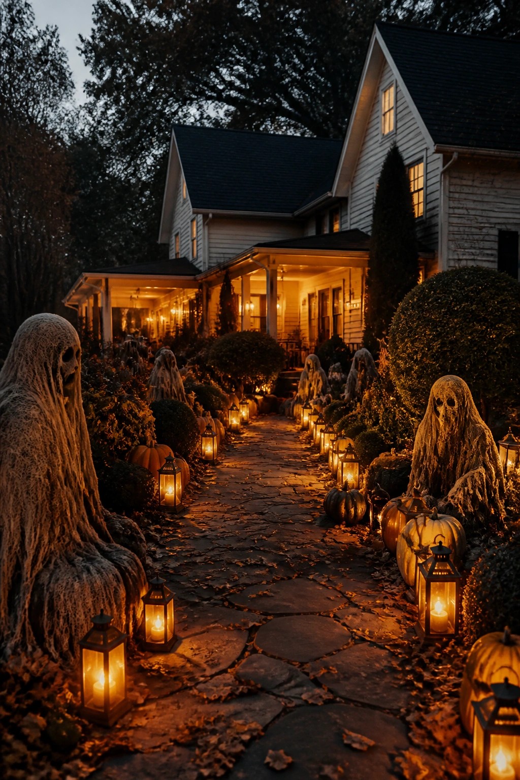 Stone walkway lined with white fabric ghost figures and glowing lanterns leading to a house porch at dusk.