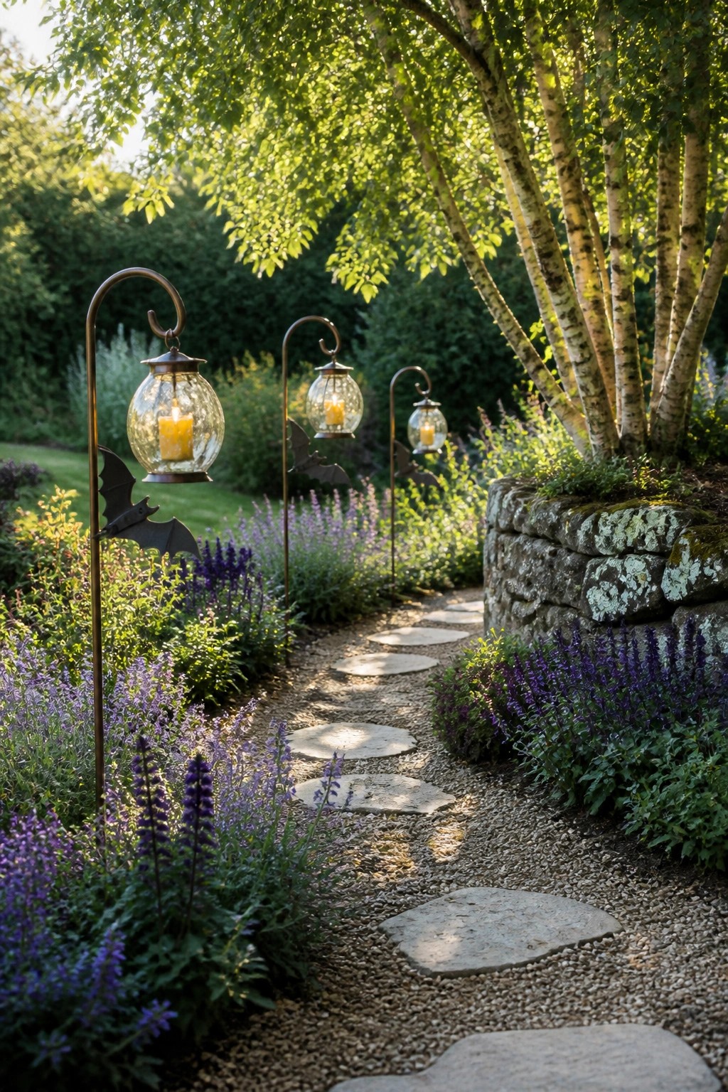 Stone path with glowing bat lanterns amid purple flowers and birch trees