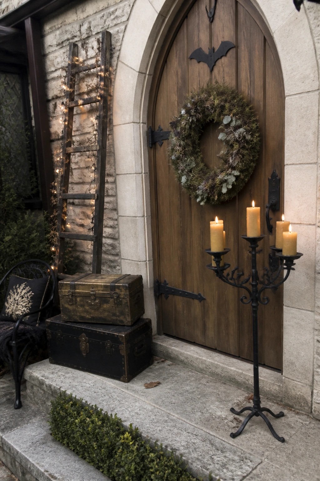 A wooden arched door on a stone house features a large moss wreath, a black metal bat cutout above it, and a tall candelabra with lit candles on the steps beside two stacked trunks.