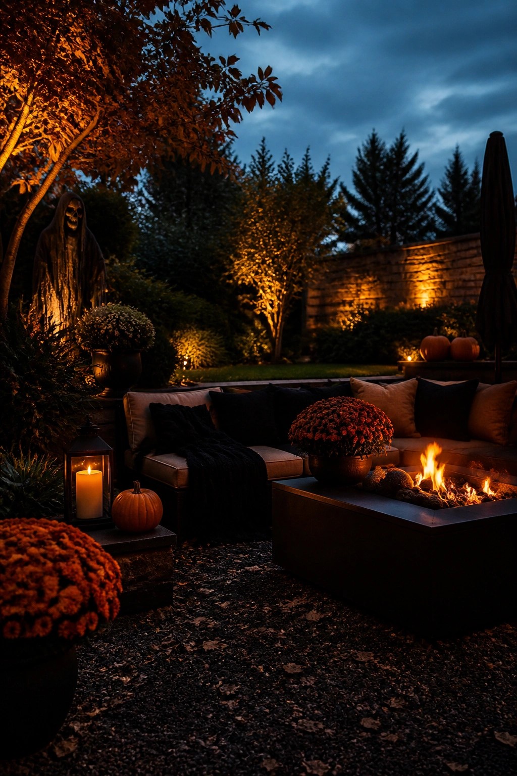 Outdoor patio at dusk with a tall hooded ghost figure standing near trees, a fire pit, pumpkins, and dark seating with orange mums.