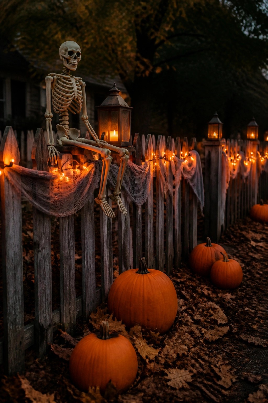 A skeleton posed sitting on a wooden picket fence holding a lantern, with string lights and pumpkins scattered on the ground.