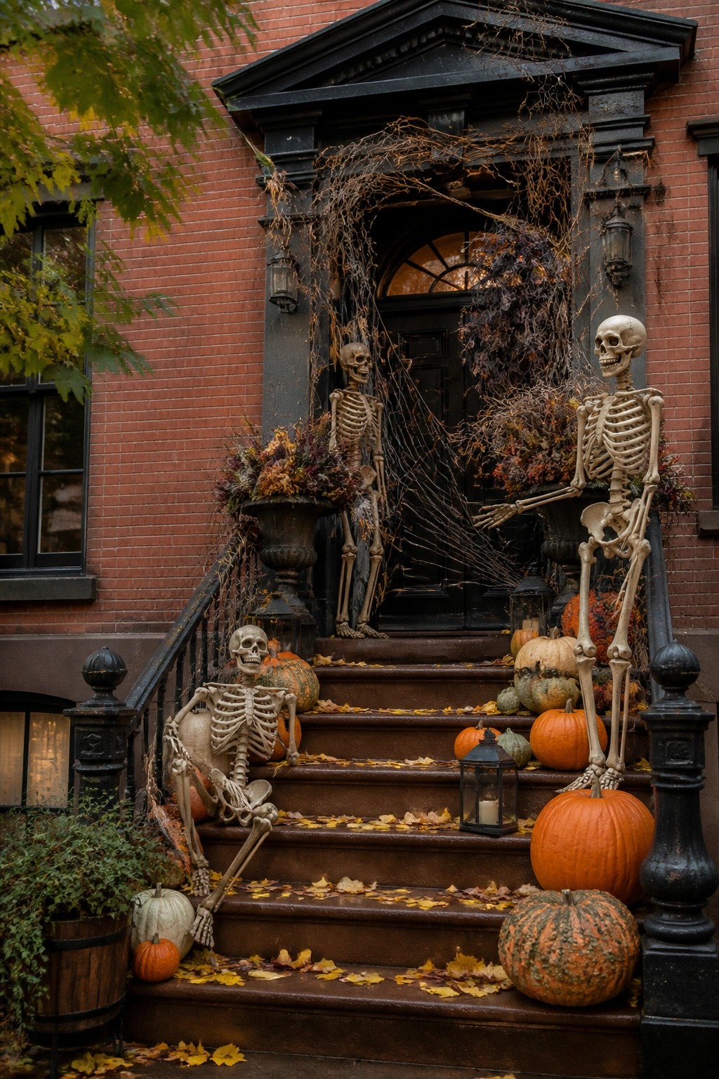 Front entrance with multiple posed skeletons on brown stone steps surrounded by pumpkins and dried vines.