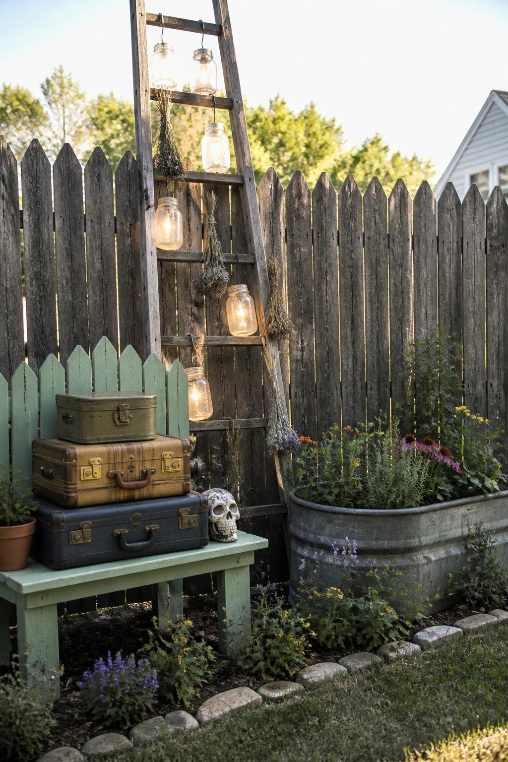 Rustic garden with glowing mason jars on ladder beside stacked vintage suitcases and metal planter