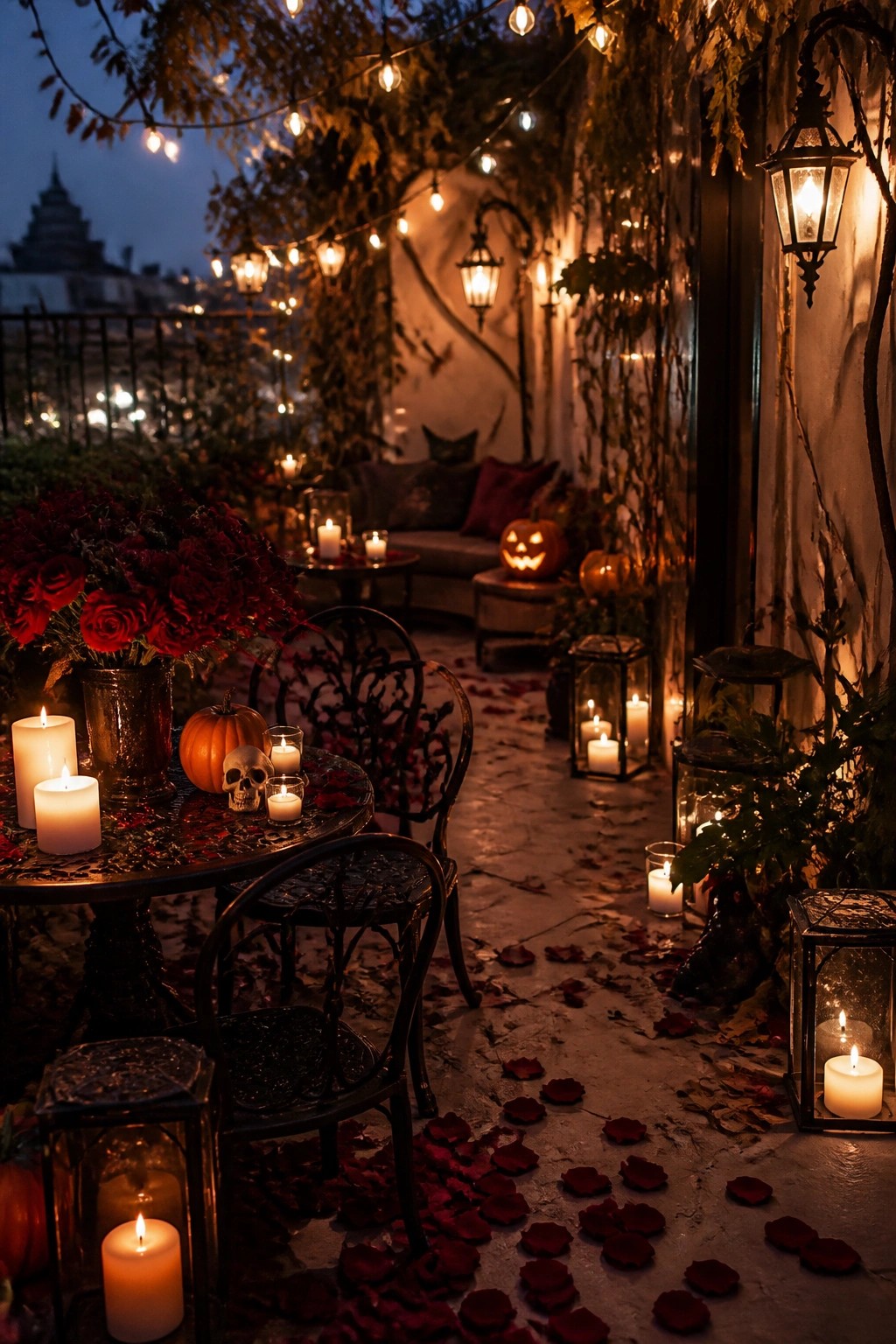 Nighttime patio with a table holding candles, a small skull, and a pumpkin, plus lanterns and carved pumpkins placed around the seating area.