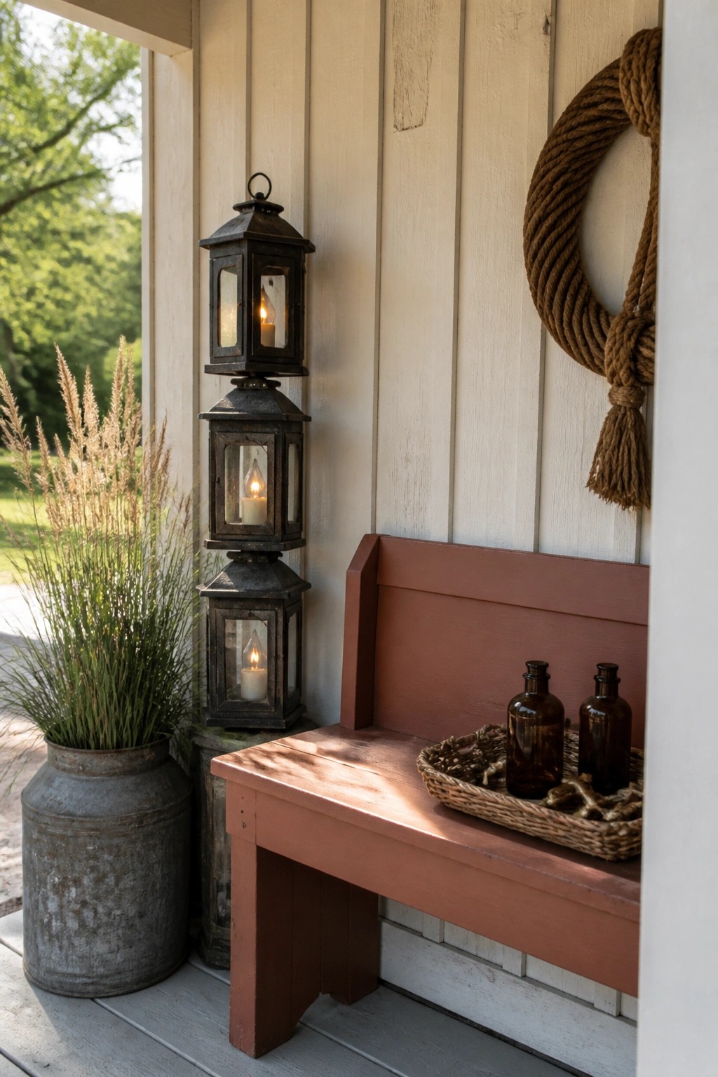 A red wooden bench on a white porch holds a wicker tray with two brown glass bottles, while three stacked black metal lanterns with lit candles stand beside a large metal planter filled with tall grass and a rope wreath hangs on the wall.