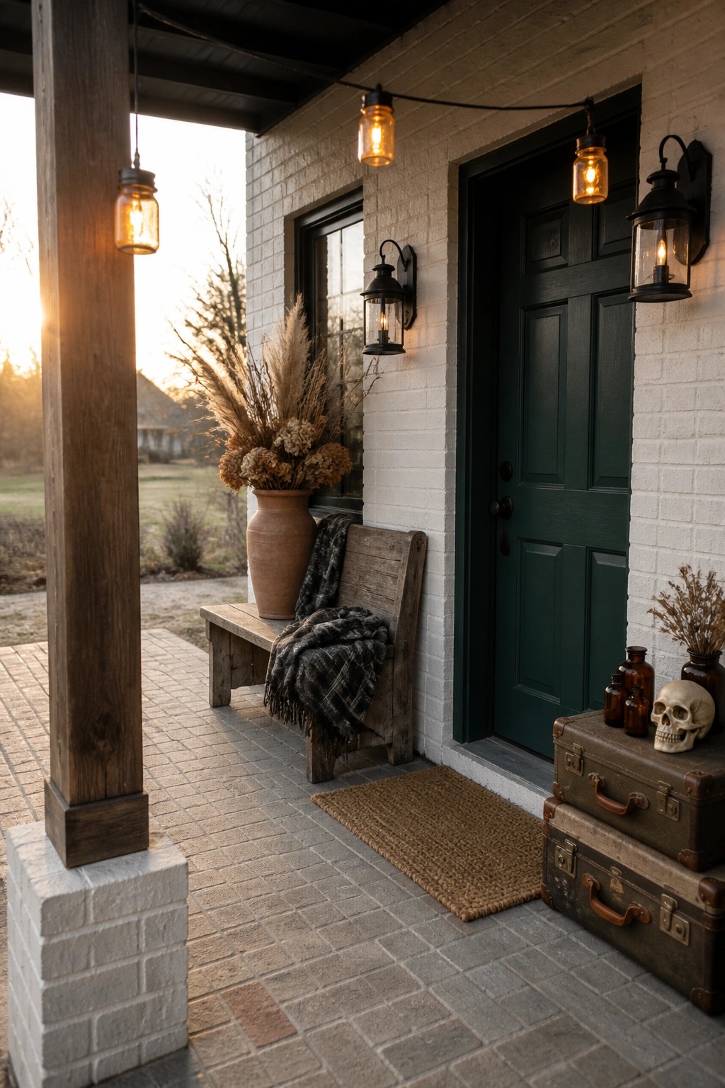Front porch of a white brick house with a dark green door, stacked vintage suitcases holding a skull, string lights, and a wooden bench with dried plants.