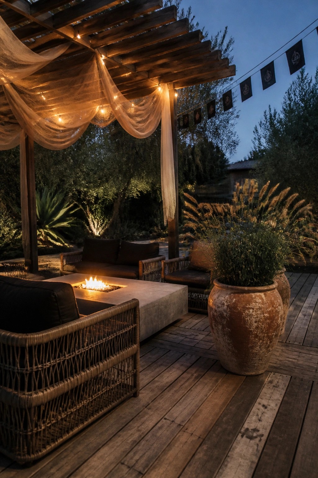 Outdoor patio with fire pit, wicker chairs, wooden pergola, and terracotta pots at dusk.