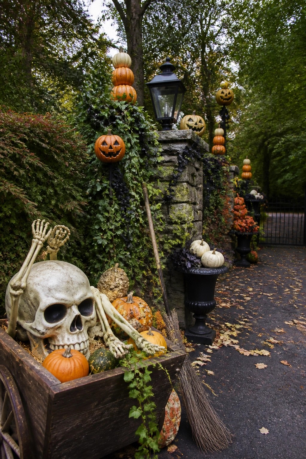 Outdoor walkway lined with stone pillars topped by stacked pumpkins, featuring a skeleton posed in a wooden cart filled with gourds and a broom nearby.