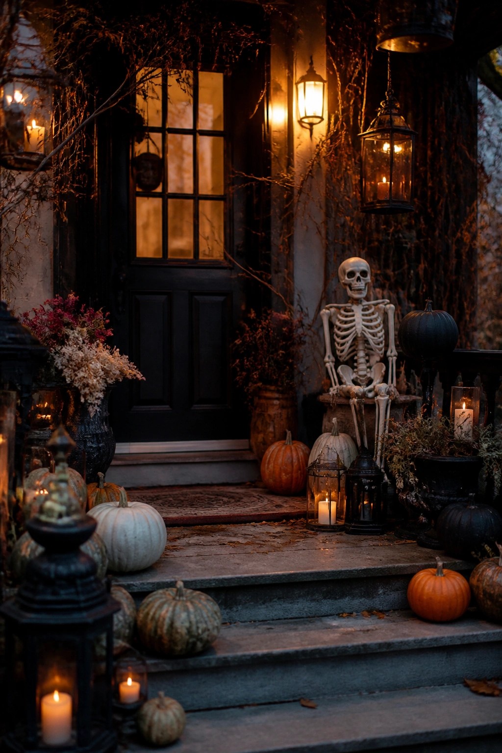 Front porch steps decorated with a seated skeleton, pumpkins, and lanterns around a black door.